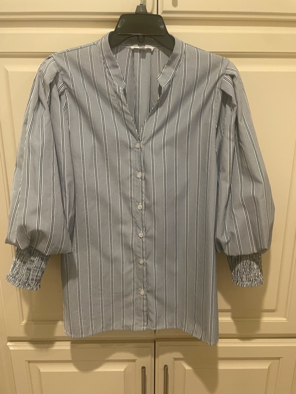 Boutique brand Joh. Striped Blue Button-Down Shirt with Smocked Cuffs